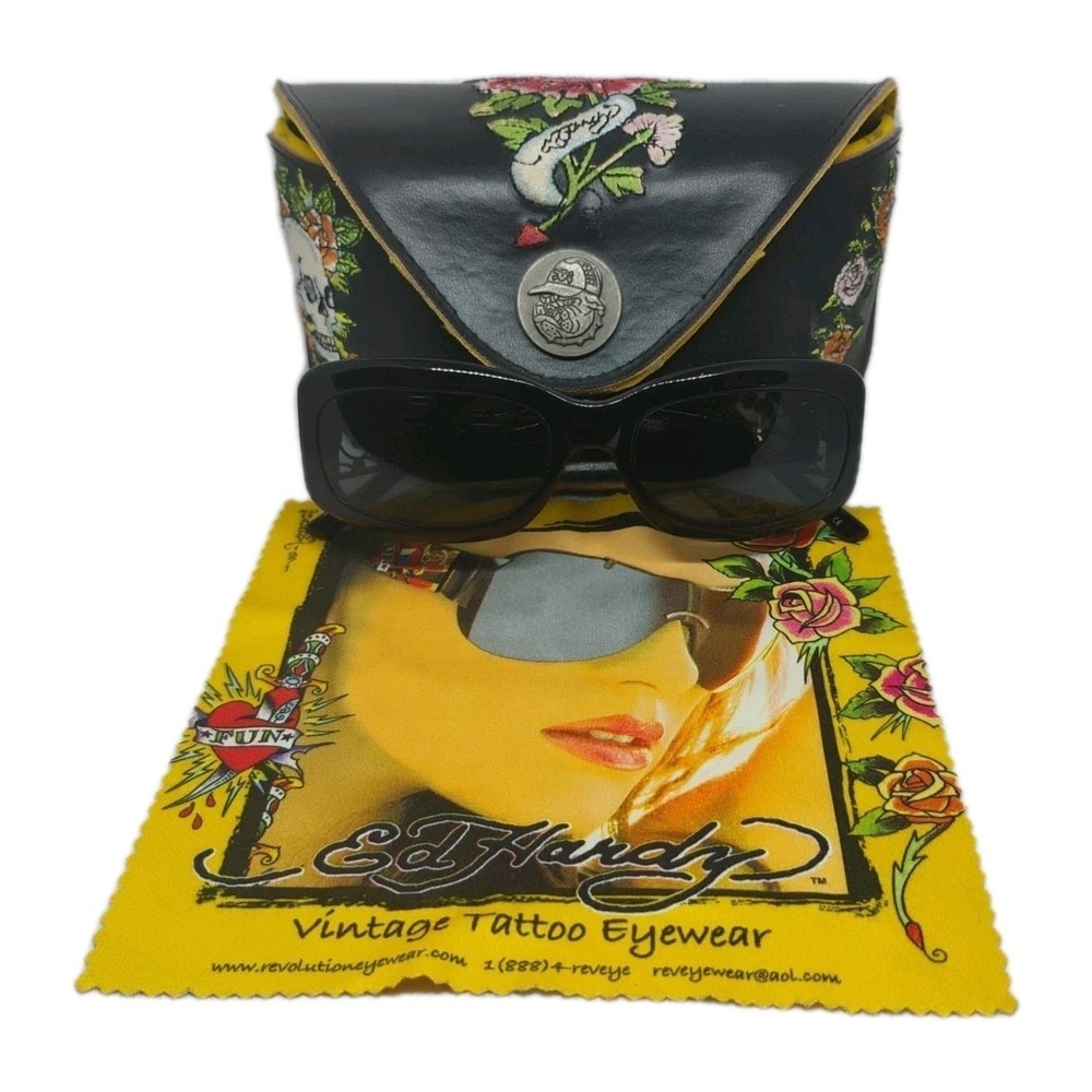 Ed Hardy Black Sunglasses Skull Las Vegas Stain Glass EHT906 Tattoo‎ Eyewear Y2K
